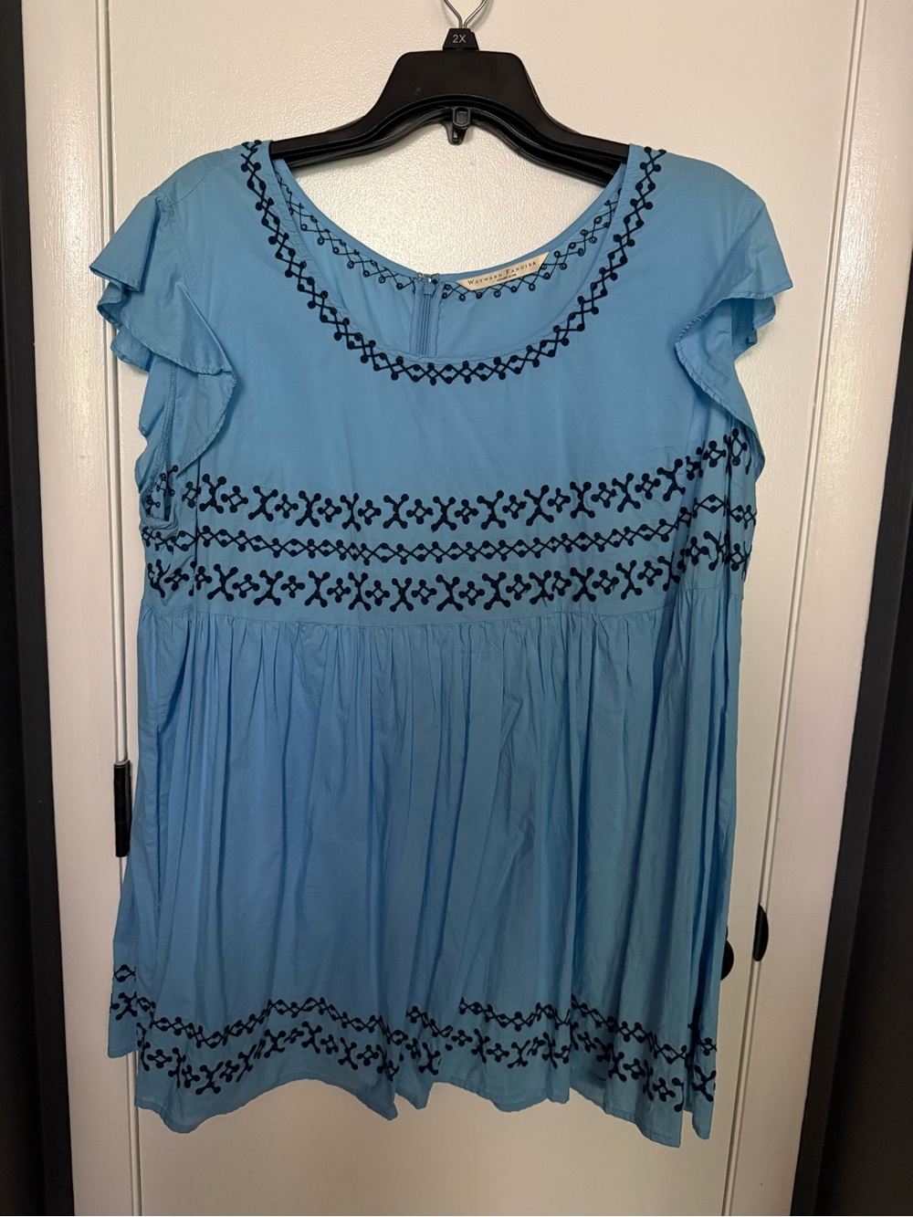 eshakti Light Blue Flutter-Sleeve Embroidered Tunic